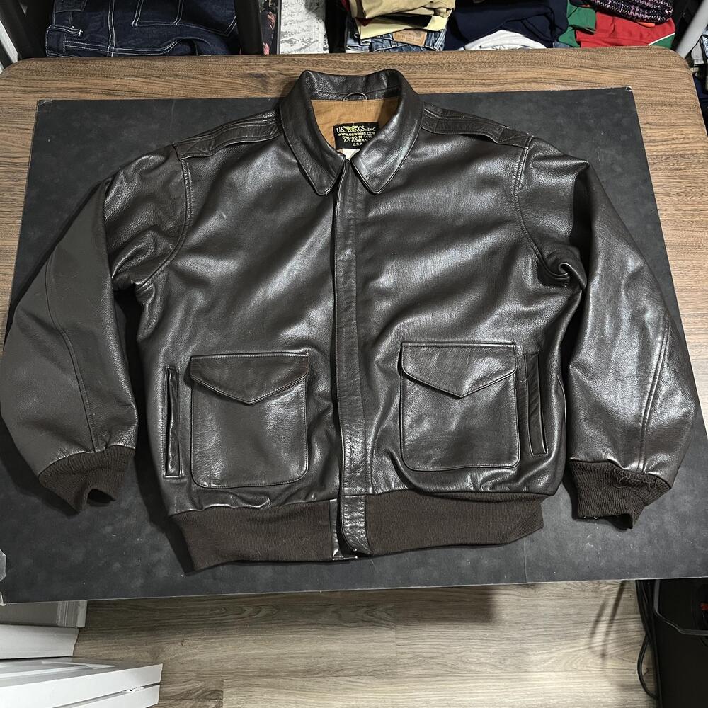 U.S. Wings Type A-2 Leather Bomber Jacket Mens 2XLT Brown Goat Skin USA
